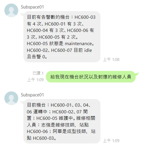 LINE 中文問答實錄：主管問機台狀況，AI 回覆各機台運轉狀態與對應維修人員